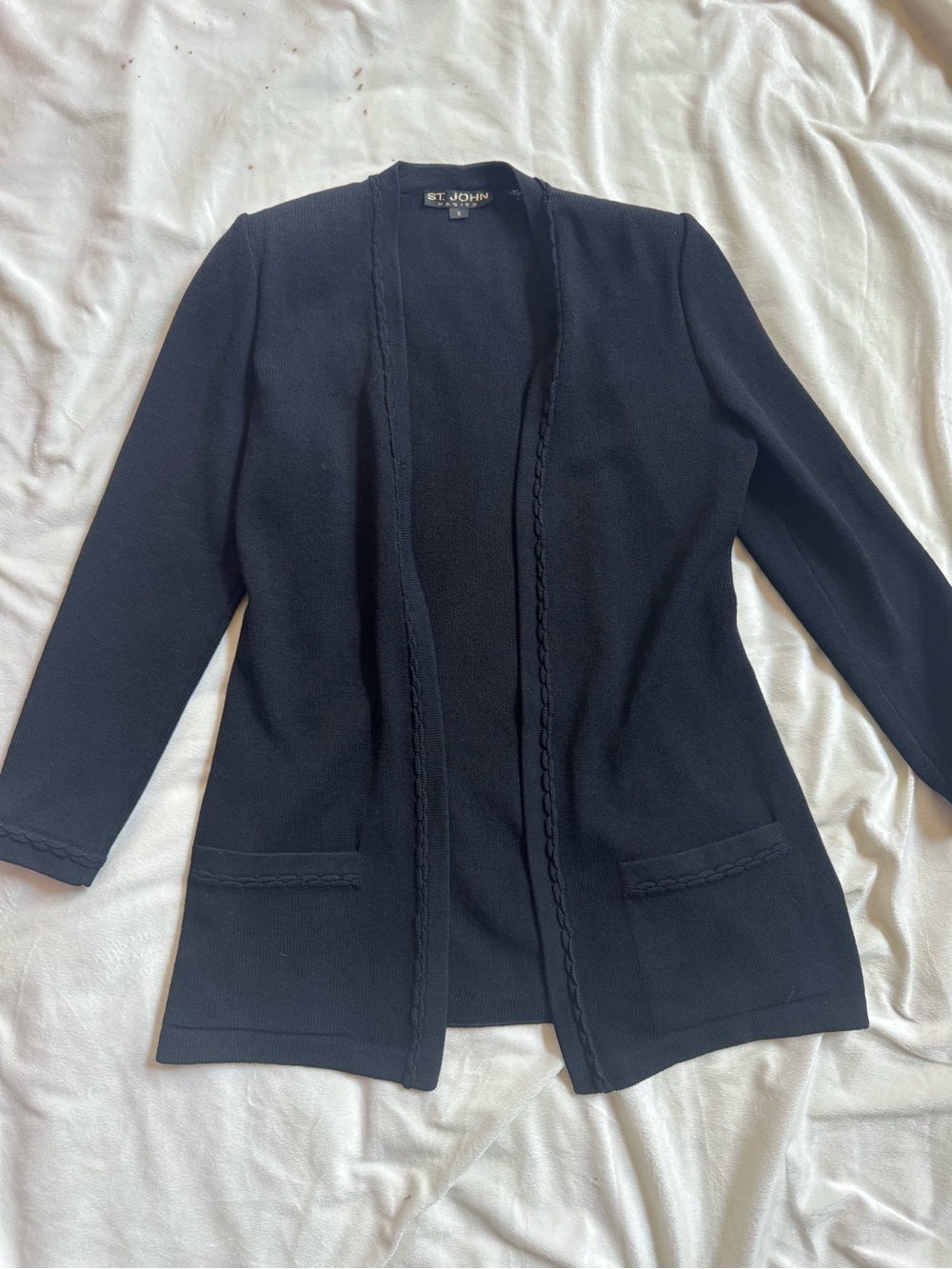 St. John Black Open-Front Braided-Trim Knit Cardigan